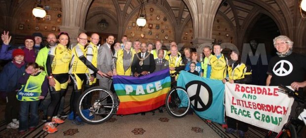 The Lord Mayor of Manchester and others launch the 2014 World Bike Ride for Peace