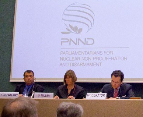 PNND Co-Presidents Saber Chowdhury and Sue Miller speaking at the UN Open Ended Working Group in Geneva