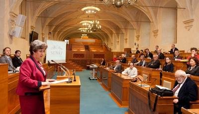 Senator Alena Gajduskova speaking at the Czech Senate session on nuclear disarmament